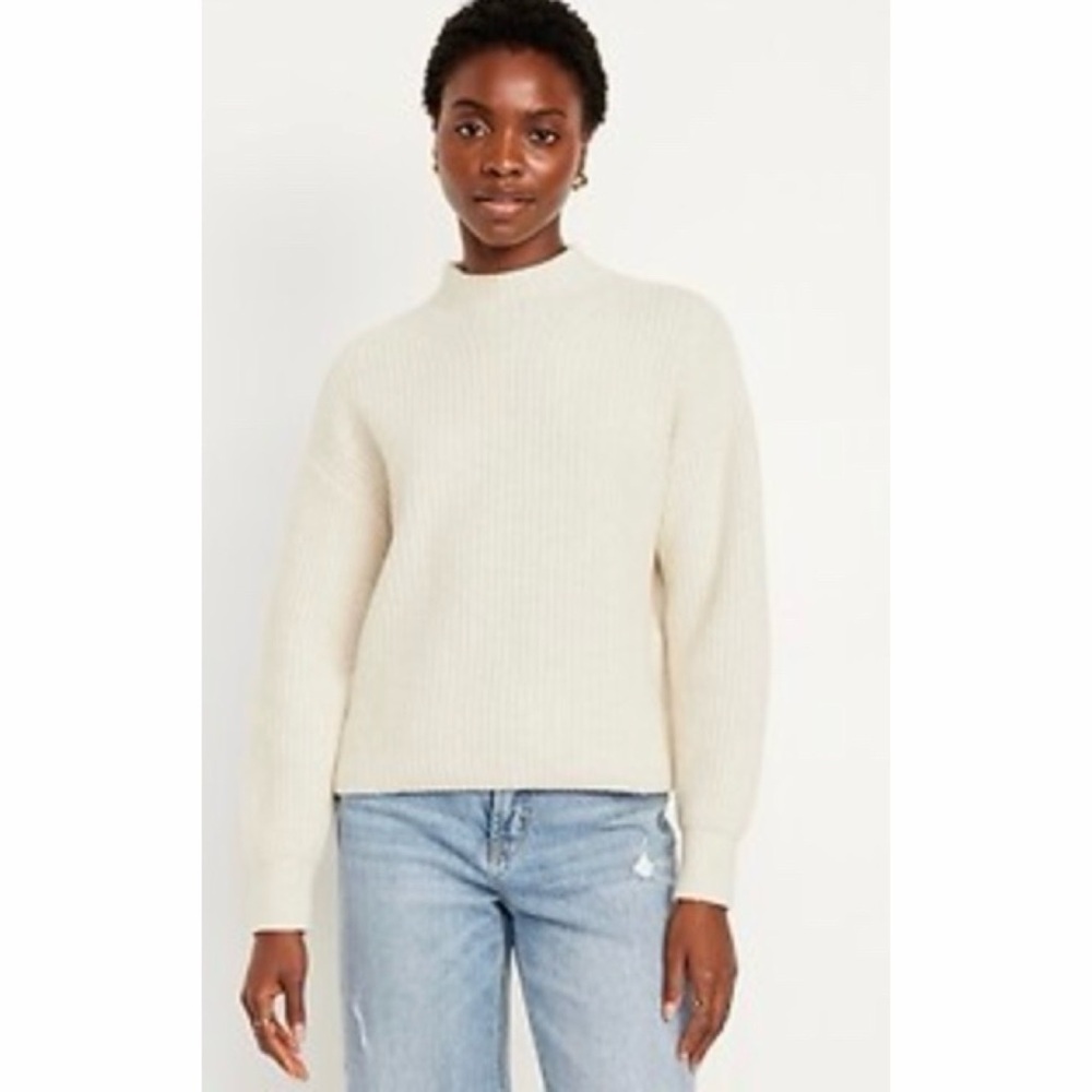 Old Navy Cropped Mock-Neck Sweater boxy oversized loose cotton top XS off-white